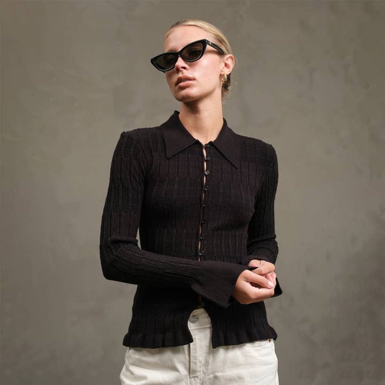 Raisonnel Knitted Collar Bell Sleeve Cardigan