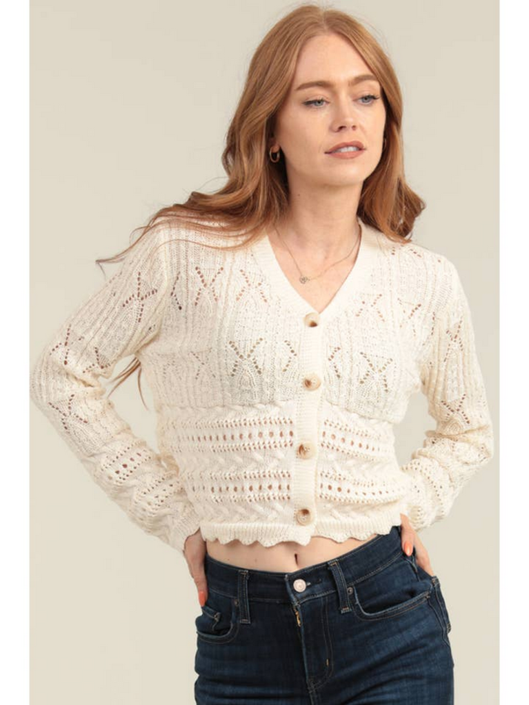 Angie Open Knit Button Front Cardigan Sweater