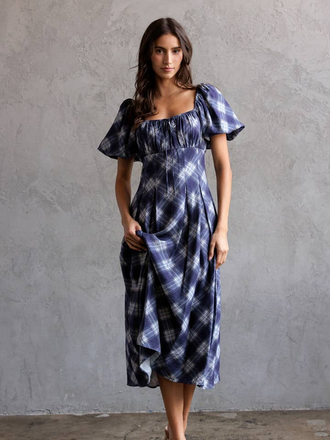 Storia Plaid Puff Sleeve Mid Dress Storia Plaid Puff Sleeve Mid Dress