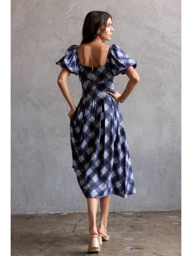 Storia Plaid Puff Sleeve Mid Dress