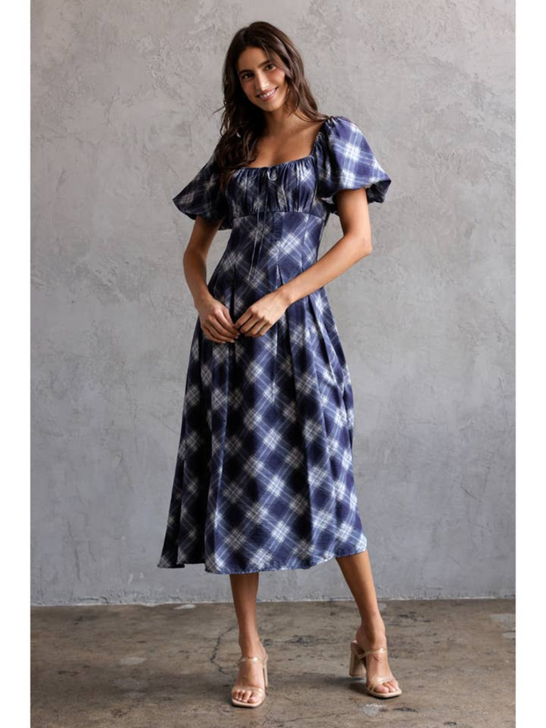 Storia Plaid Puff Sleeve Mid Dress