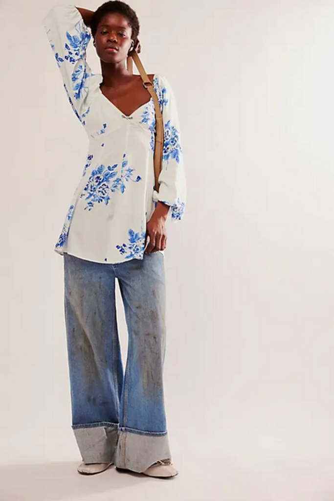 Free People Free People Francesca Floral Print Long Sleeve Minidress Blue Size Large