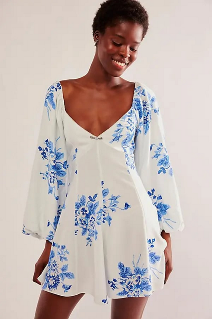 Free People Free People Francesca Floral Print Long Sleeve Minidress Blue Size Large