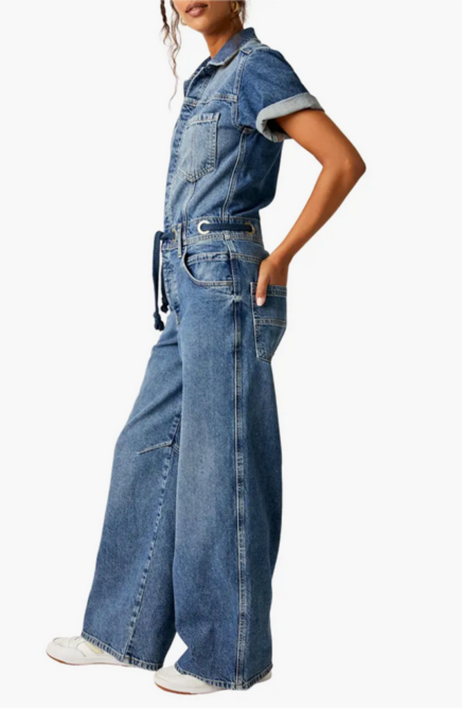 Free People Free People Edison Wide Leg Denim Jumpsuit in Cape Blue Size Large