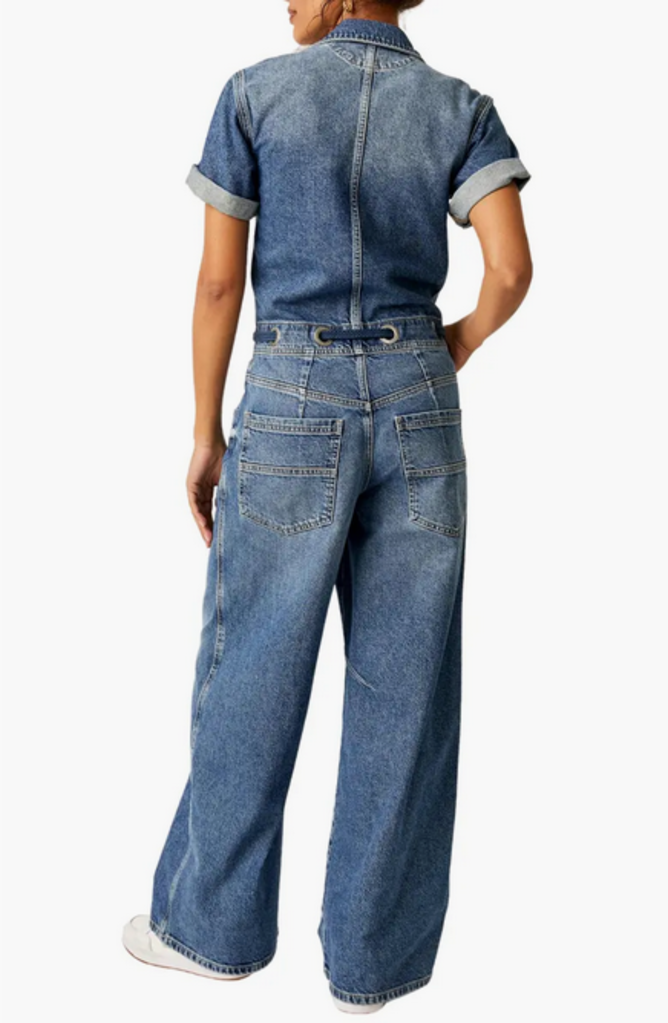 Free People Free People Edison Wide Leg Denim Jumpsuit in Cape Blue Size Large