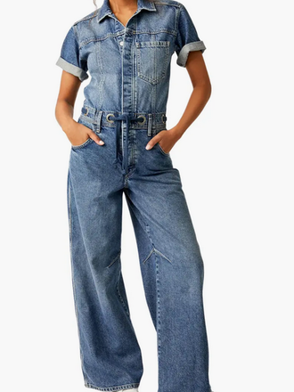 Free People Free People Edison Wide Leg Denim Jumpsuit in Cape Blue Size Large