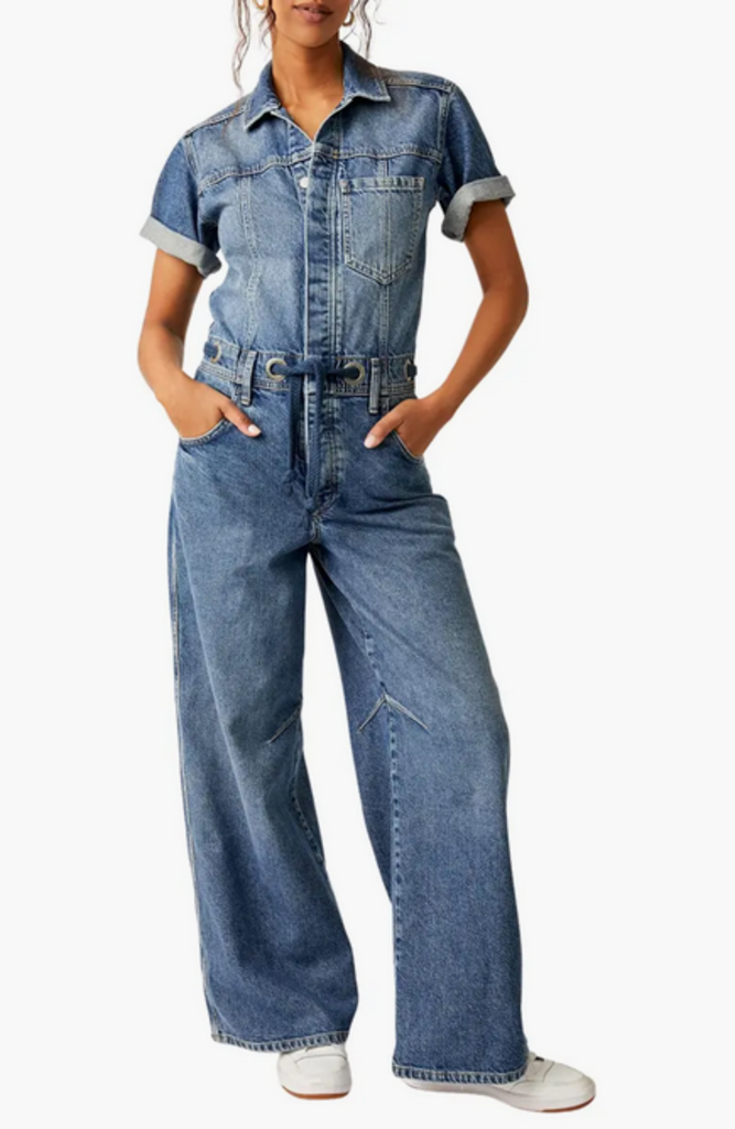 Free People Free People Edison Wide Leg Denim Jumpsuit in Cape Blue Size Large