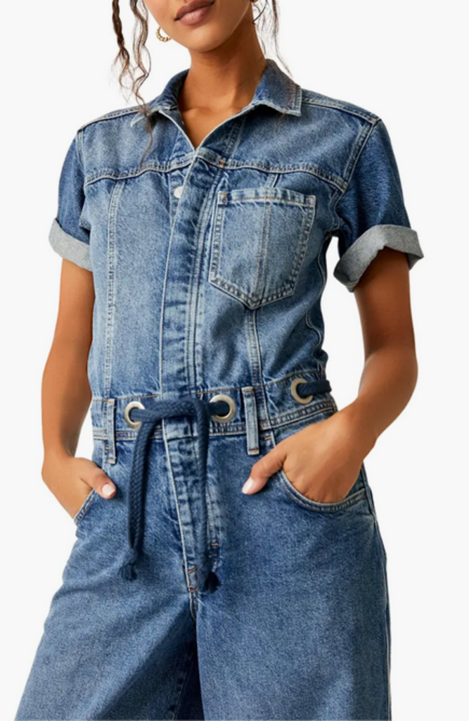 Free People Free People Edison Wide Leg Denim Jumpsuit in Cape Blue Size Large