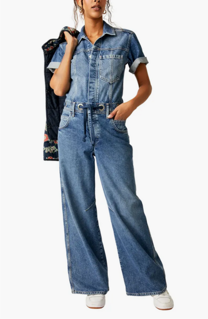 Free People Free People Edison Wide Leg Denim Jumpsuit in Cape Blue Size Large