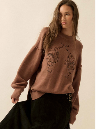 Promesa Embroidered Tigers Solid Knit Exposed-Seam Sweater