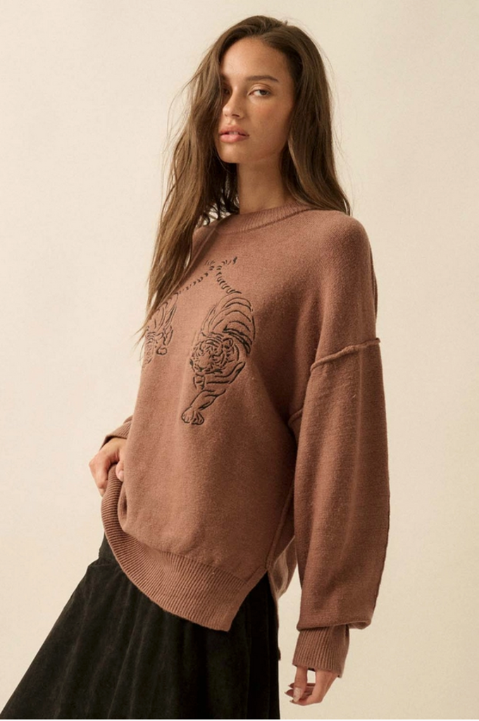 Promesa Embroidered Tigers Solid Knit Exposed-Seam Sweater