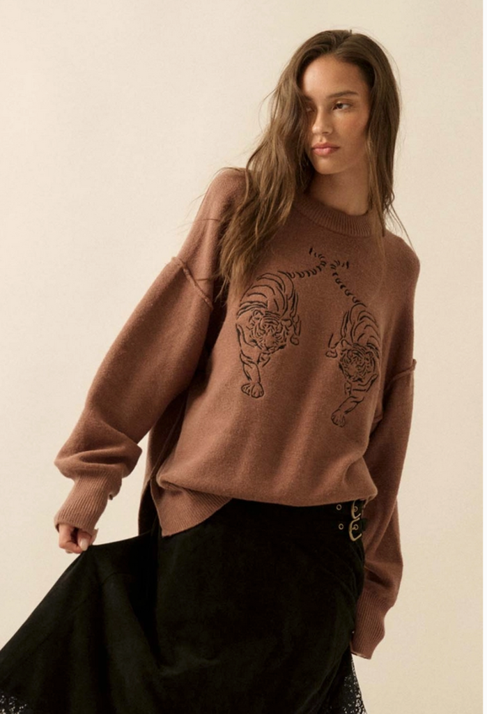 Promesa Embroidered Tigers Solid Knit Exposed-Seam Sweater