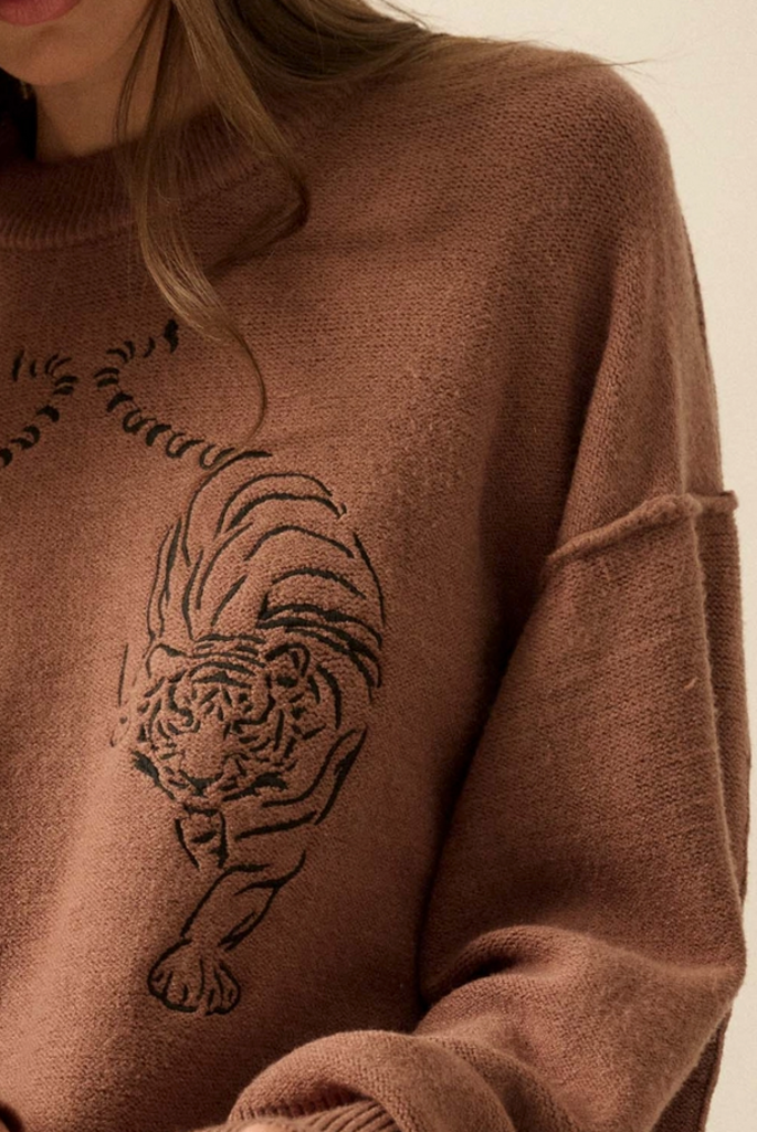 Promesa Embroidered Tigers Solid Knit Exposed-Seam Sweater