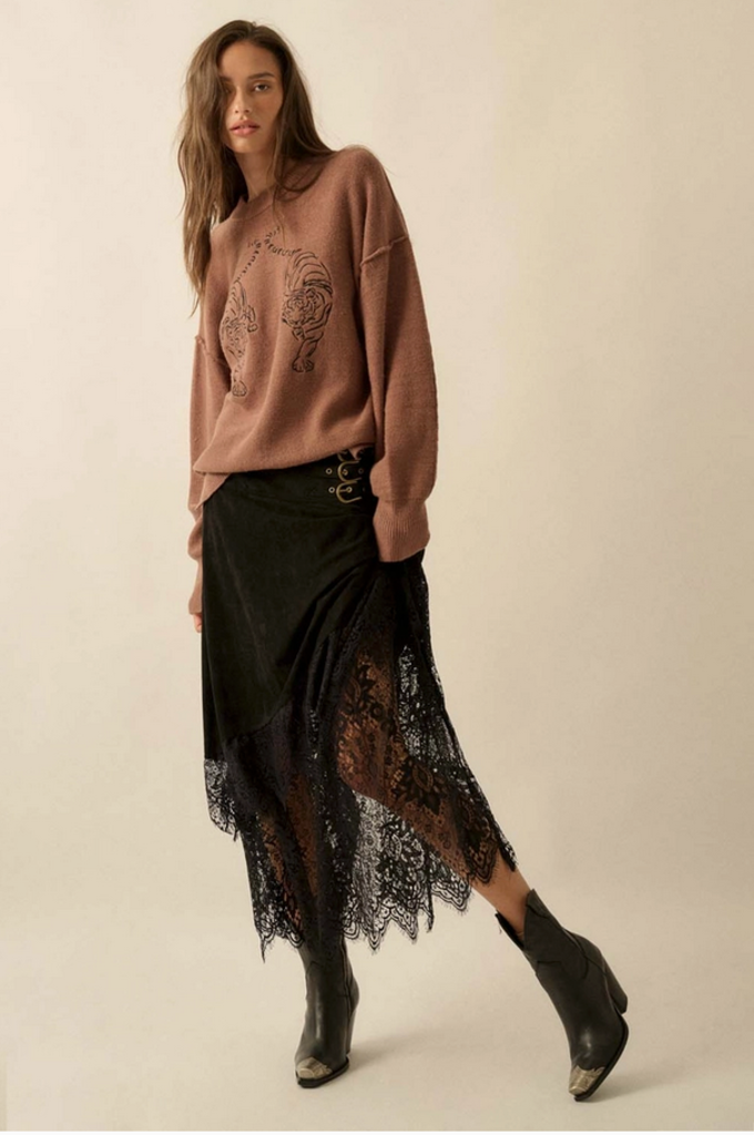 Promesa Embroidered Tigers Solid Knit Exposed-Seam Sweater