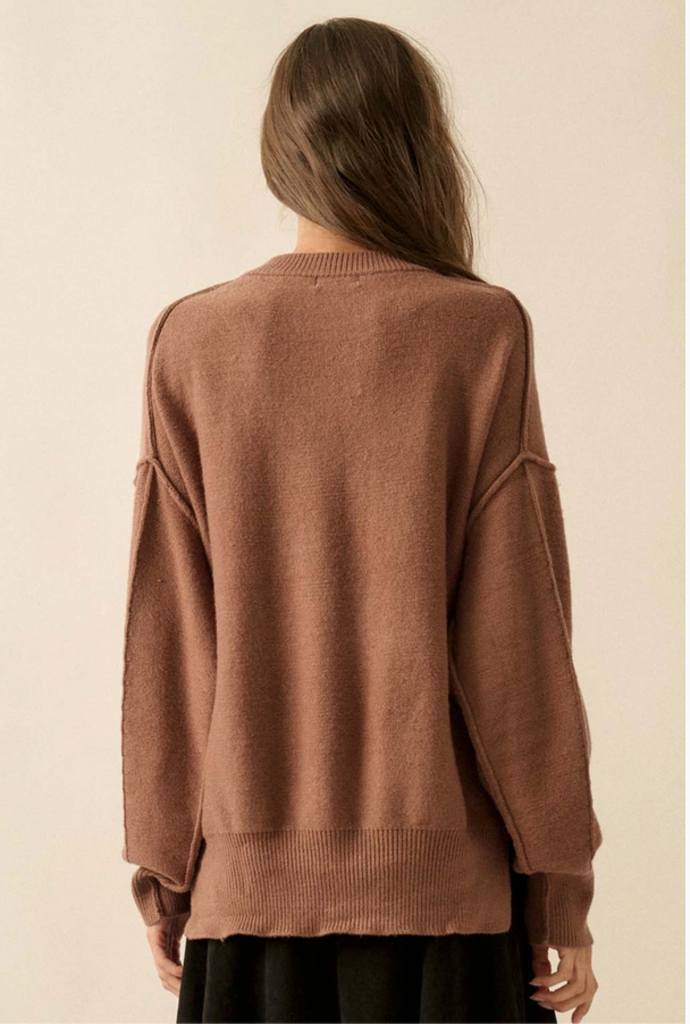 Promesa Embroidered Tigers Solid Knit Exposed-Seam Sweater