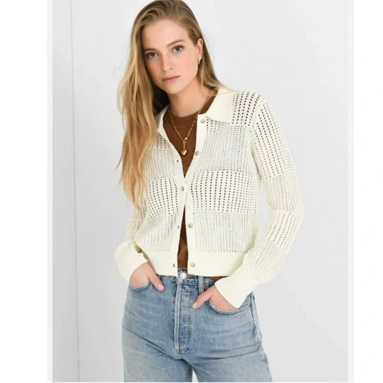 Frame FRAME Open Stitch Shrunken Cardigan in Off White Size Large