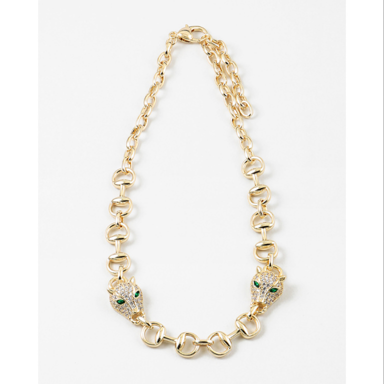 Blue Suede Jewels Jaguar Panther Gold Chain Statement Necklace