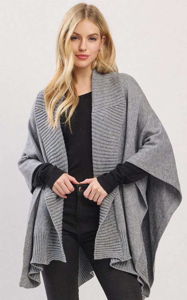 Blue Suede Open Front Shawl Collar 3/4 Sleeve Sweater