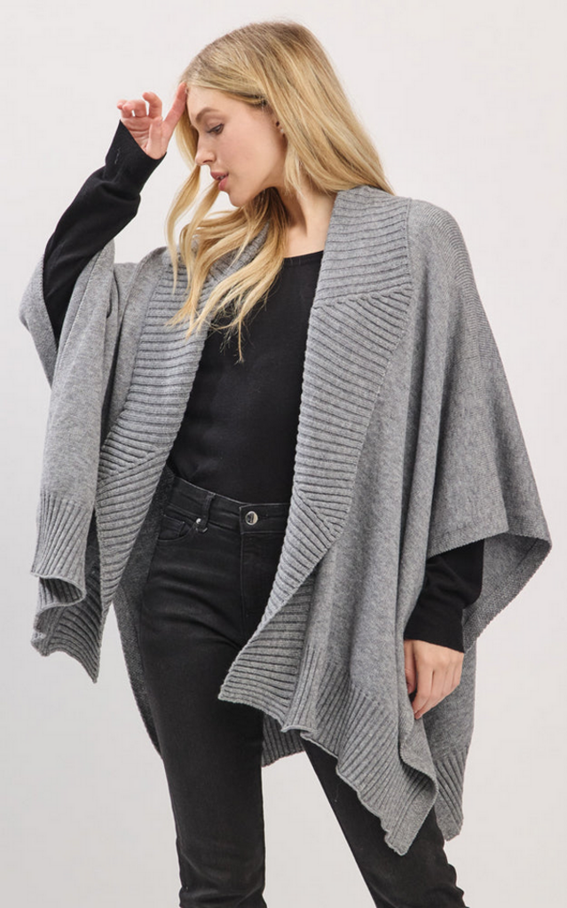 Blue Suede Open Front Shawl Collar 3/4 Sleeve Sweater