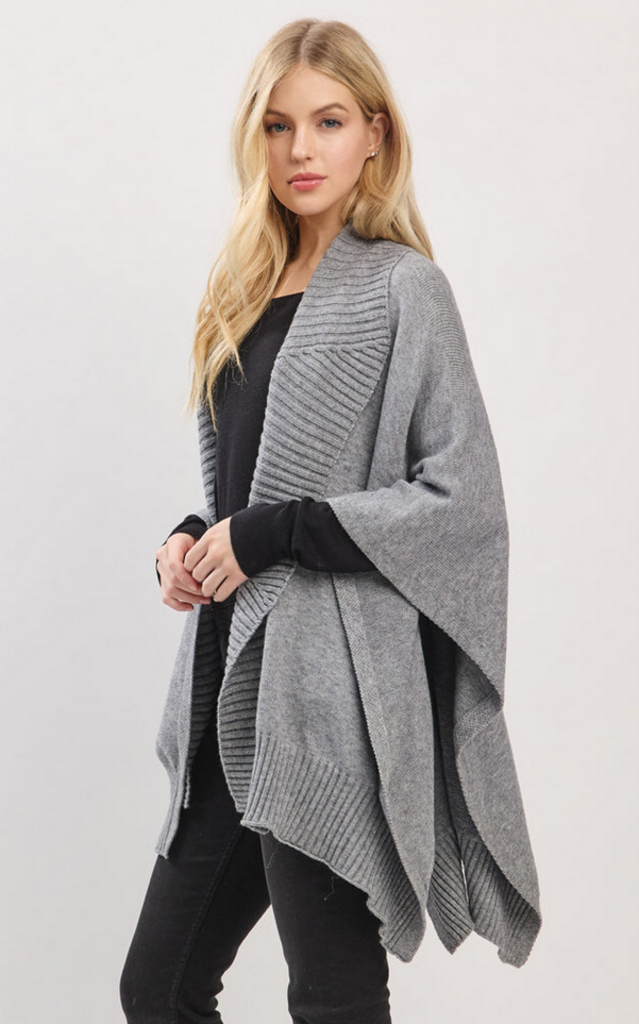 Blue Suede Open Front Shawl Collar 3/4 Sleeve Sweater