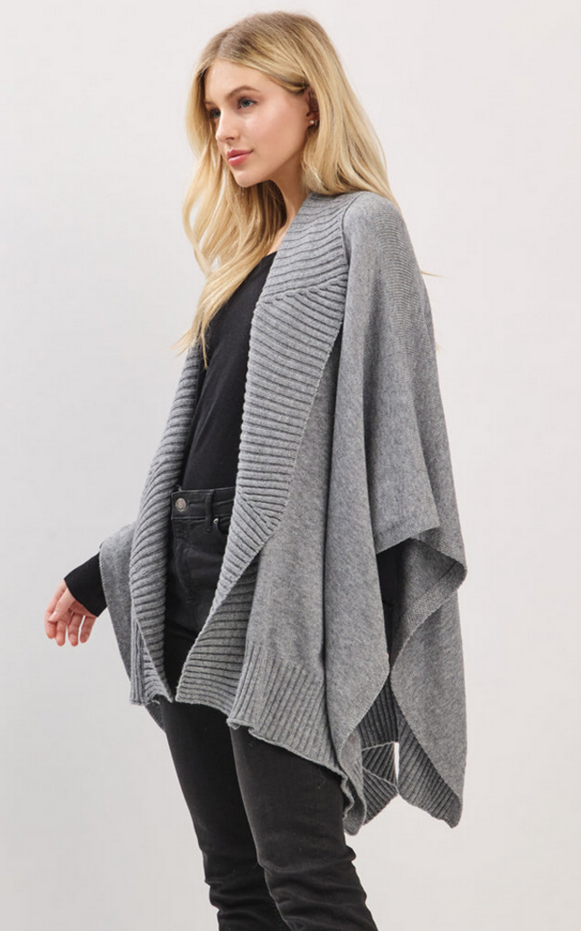 Blue Suede Open Front Shawl Collar 3/4 Sleeve Sweater