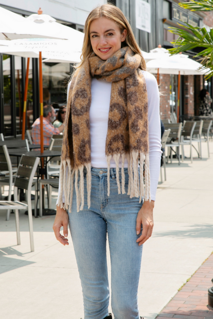 Blue Suede Leopard Chunky Scarf with Fringe