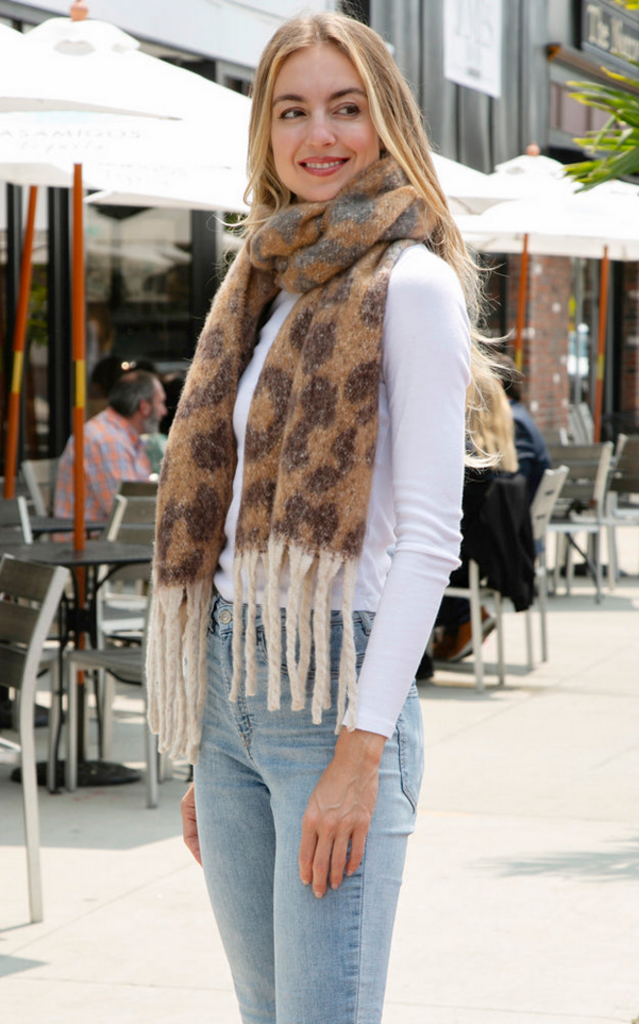 Blue Suede Leopard Chunky Scarf with Fringe