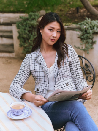 Nic + Zoe NIC+ZOE Women's Grid Fringe Mix Knit Pocket Jacket