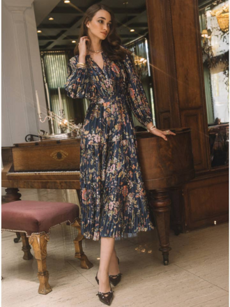 Current Air Floral Printed Pleated Long Dress Current Air Floral Printed Pleated Long Dress