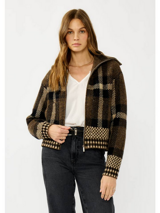 Love Stitch Plaid Knit Zip-Up Bomber Jacket Love Stitch Plaid Knit Zip-Up Bomber Jacket