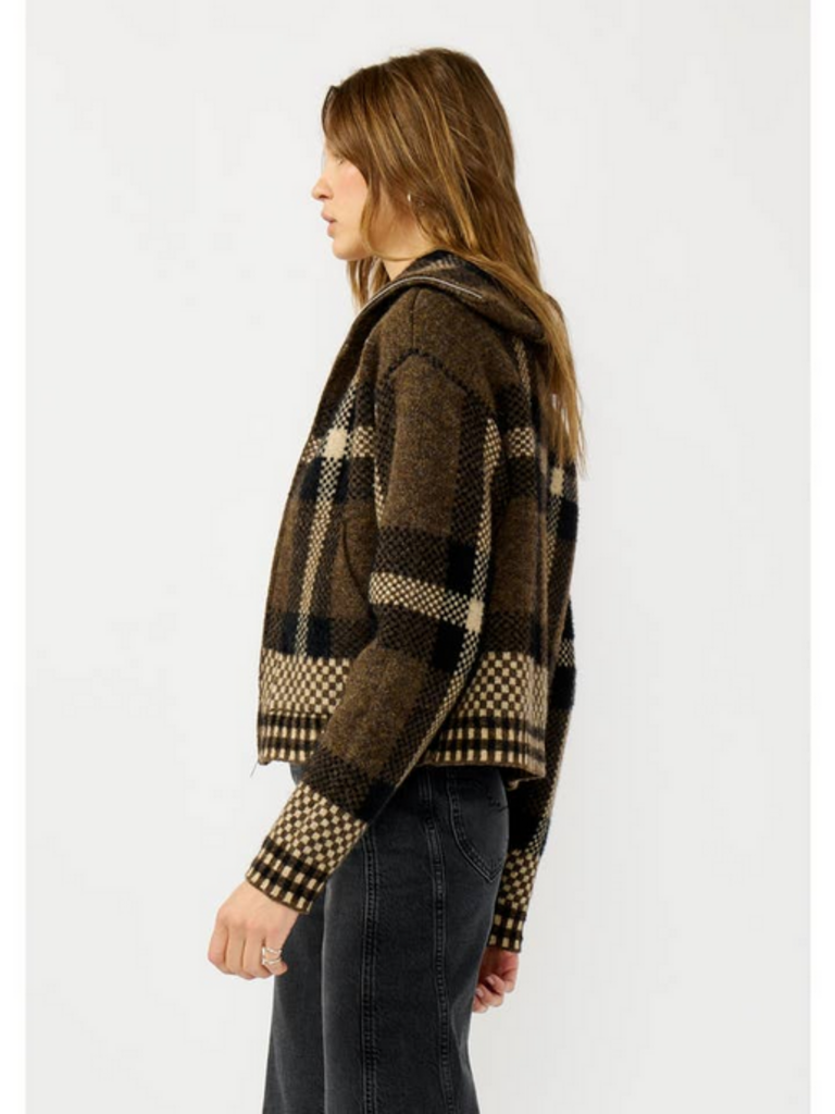 Love Stitch Plaid Knit Zip-Up Bomber Jacket
