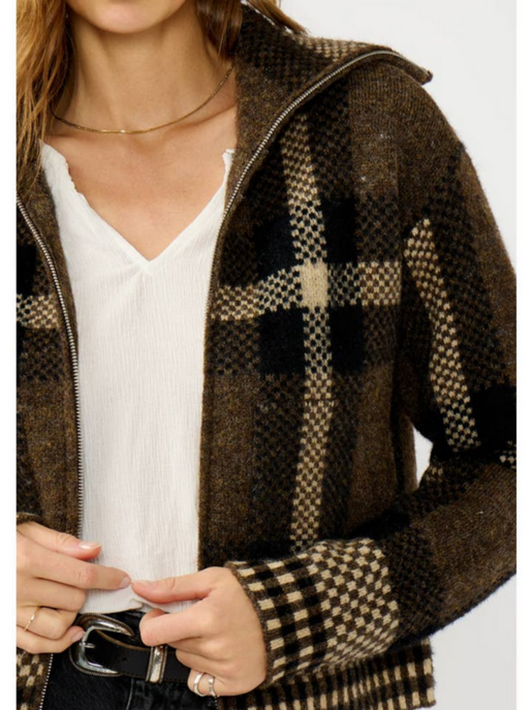 Love Stitch Plaid Knit Zip-Up Bomber Jacket