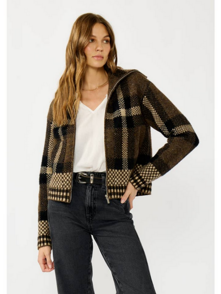 Love Stitch Plaid Knit Zip-Up Bomber Jacket