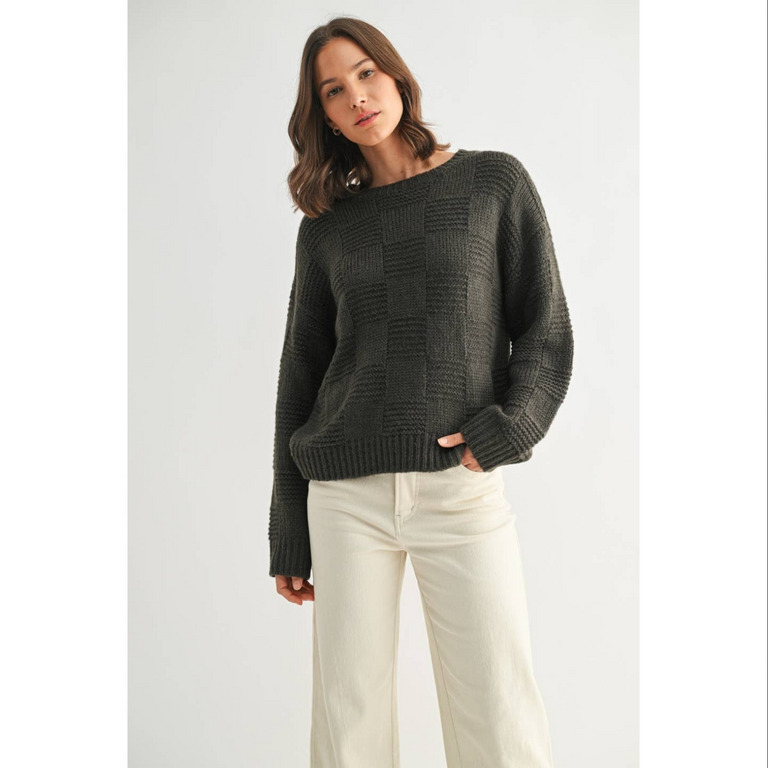 Fun2Fun Checker Texture Round Neck Sweater