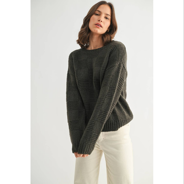 Fun2Fun Checker Texture Round Neck Sweater