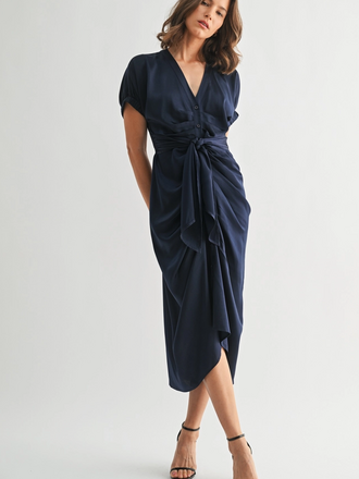 Fun2Fun Satin Dolman Sleeve Tie Front Midi Dress Fun2Fun Satin Dolman Sleeve Tie Front Midi Dress