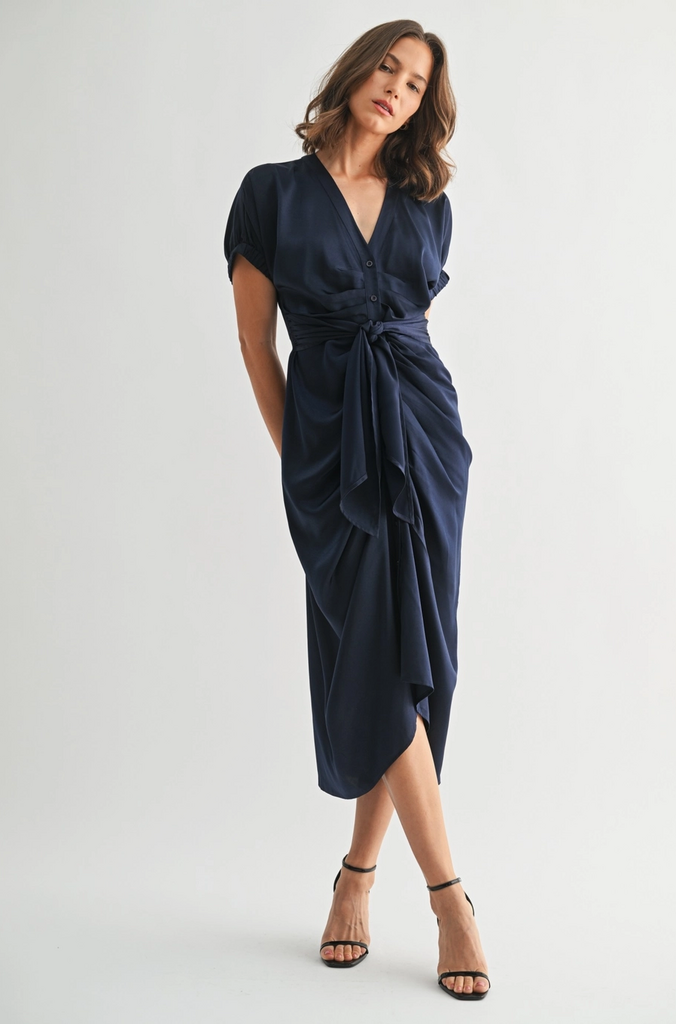 Fun2Fun Satin Dolman Sleeve Tie Front Midi Dress