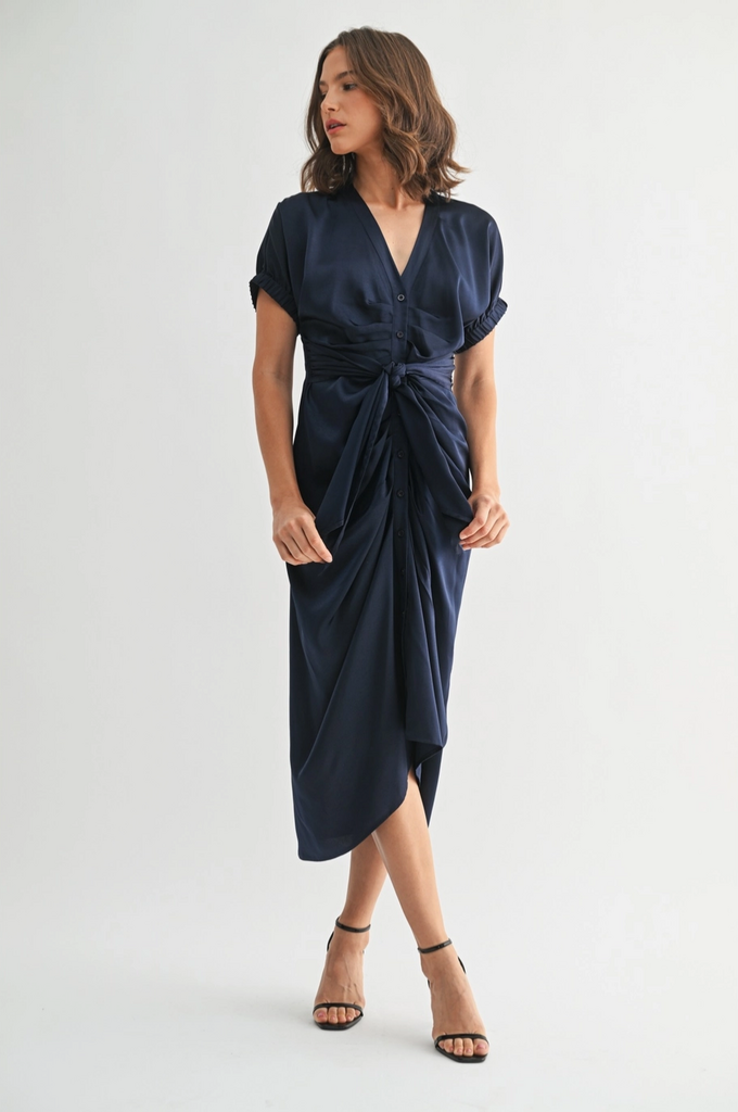 Fun2Fun Satin Dolman Sleeve Tie Front Midi Dress