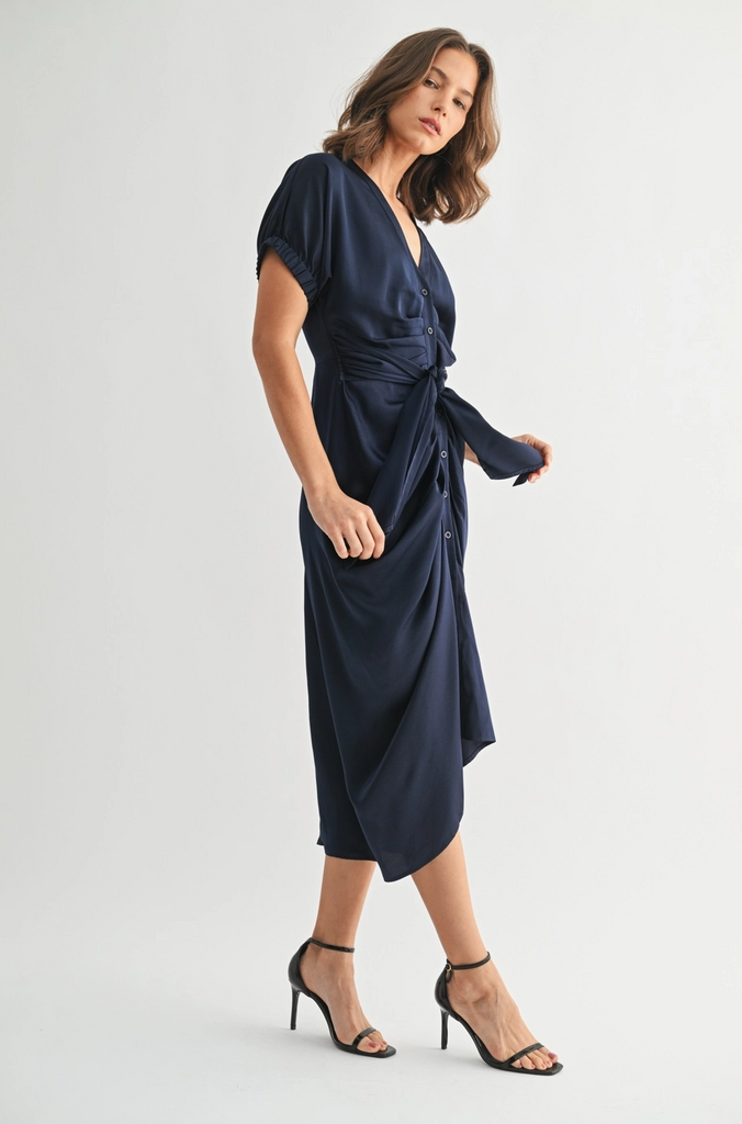 Fun2Fun Satin Dolman Sleeve Tie Front Midi Dress