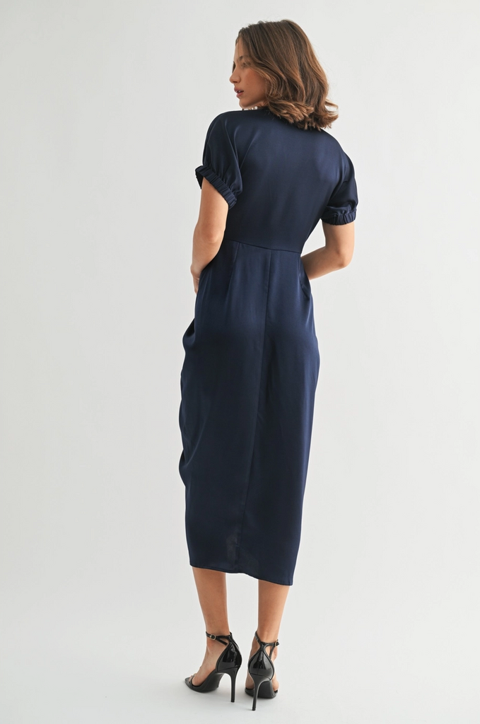 Fun2Fun Satin Dolman Sleeve Tie Front Midi Dress