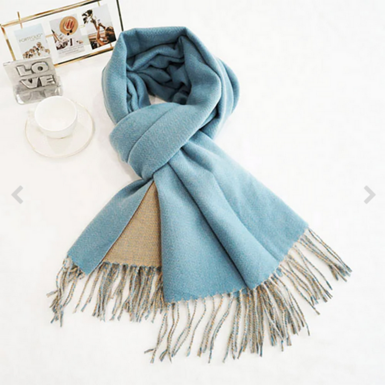 Blue Suede Two-Tone Cashmere Feel Fringe Edge Scarf