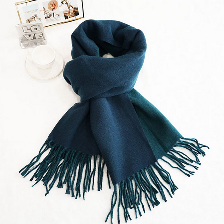 Blue Suede Two-Tone Cashmere Feel Fringe Edge Scarf