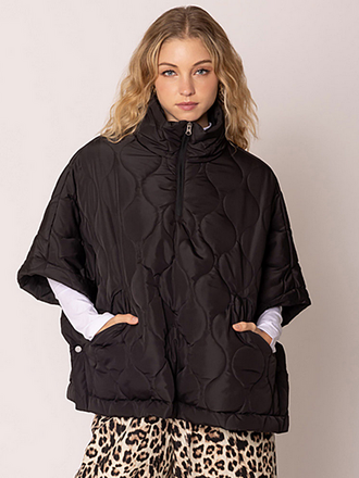 Blue Suede Quilted Short Sleeves Puffer Pullover Poncho