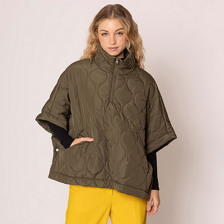 Blue Suede Quilted Short Sleeves Puffer Pullover Poncho
