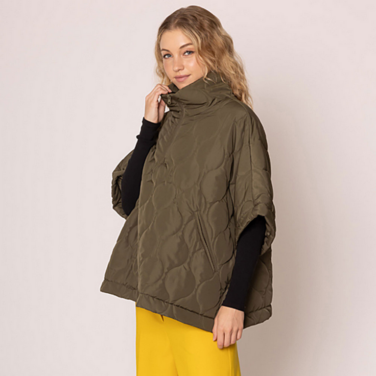 Blue Suede Quilted Short Sleeves Puffer Pullover Poncho