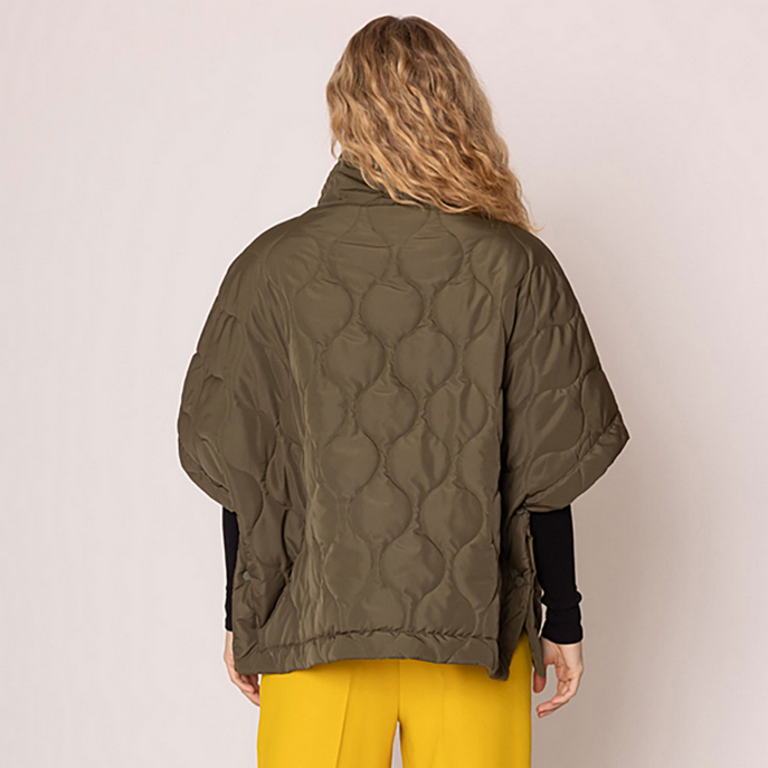 Blue Suede Quilted Short Sleeves Puffer Pullover Poncho