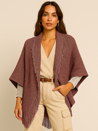 Blue Suede Solid Knit Fringe Trim Cocoon Shawl