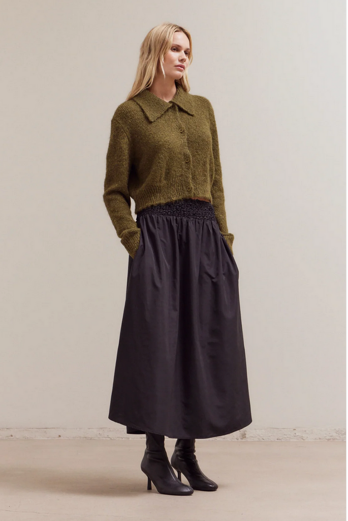 Grade and Gather Button Up Collar Neck Cardigan