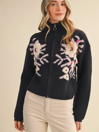 & Merci Floral Zip Up Sweater Cardigan