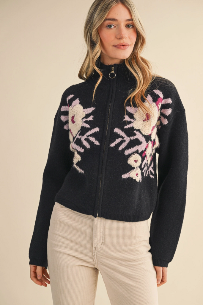 & Merci Floral Zip Up Sweater Cardigan